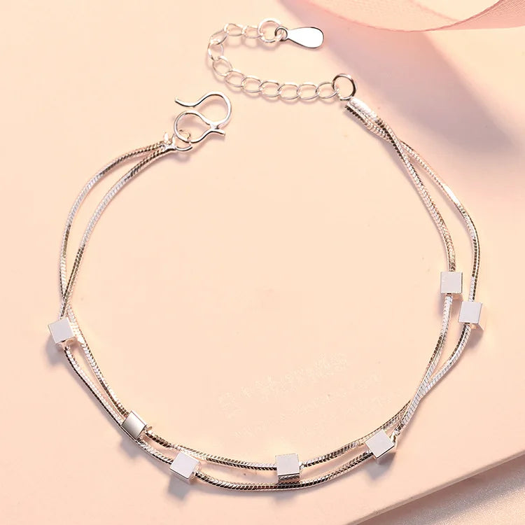 Classic Square Chain Bracelet 925 Sterling Silver Women Wedding Jewellery