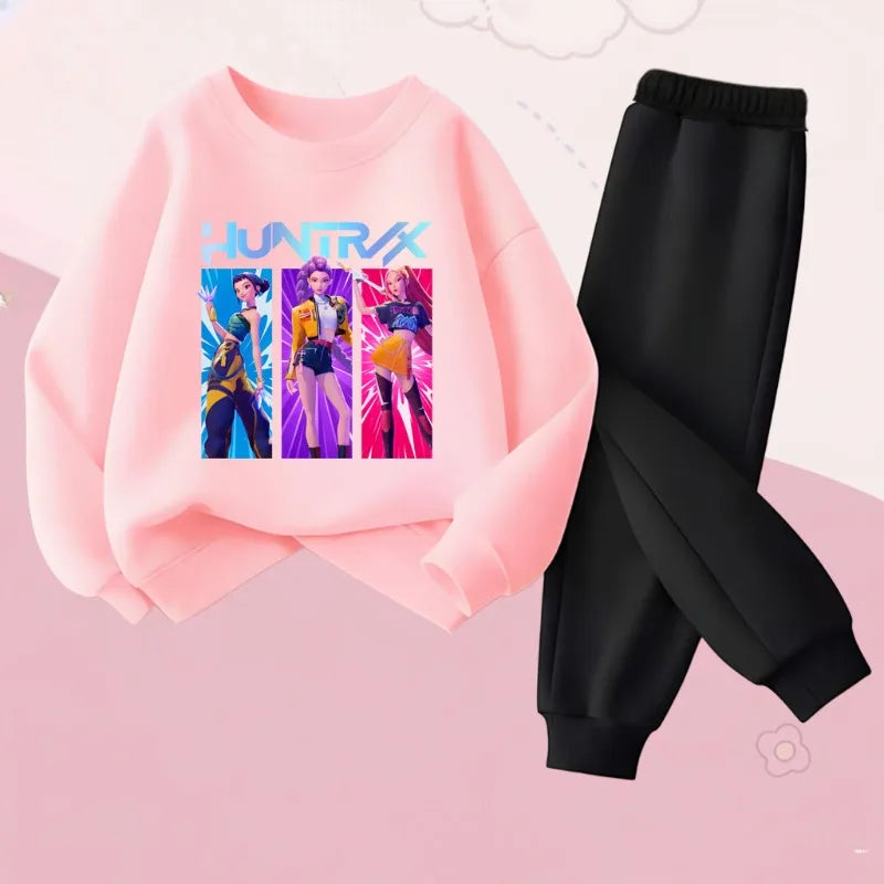 K-pop Girls Cartoon Print Hoodie and Joggers 2-Piece Set Casual Tracksuit