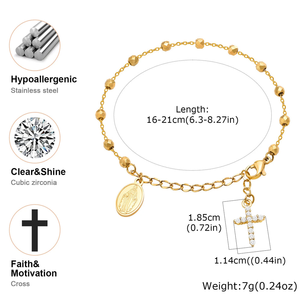 Charm Cubic Zirconia Cross Rosary Bracelet for Women, Stainless Steel  Mary Adjustable Link, Religious Jewelry Gift