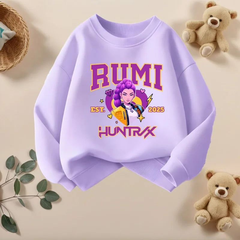 K-pop Girls Long Sleeve Pullovers Cartoon Print O-Neck Sport Sweatshirts