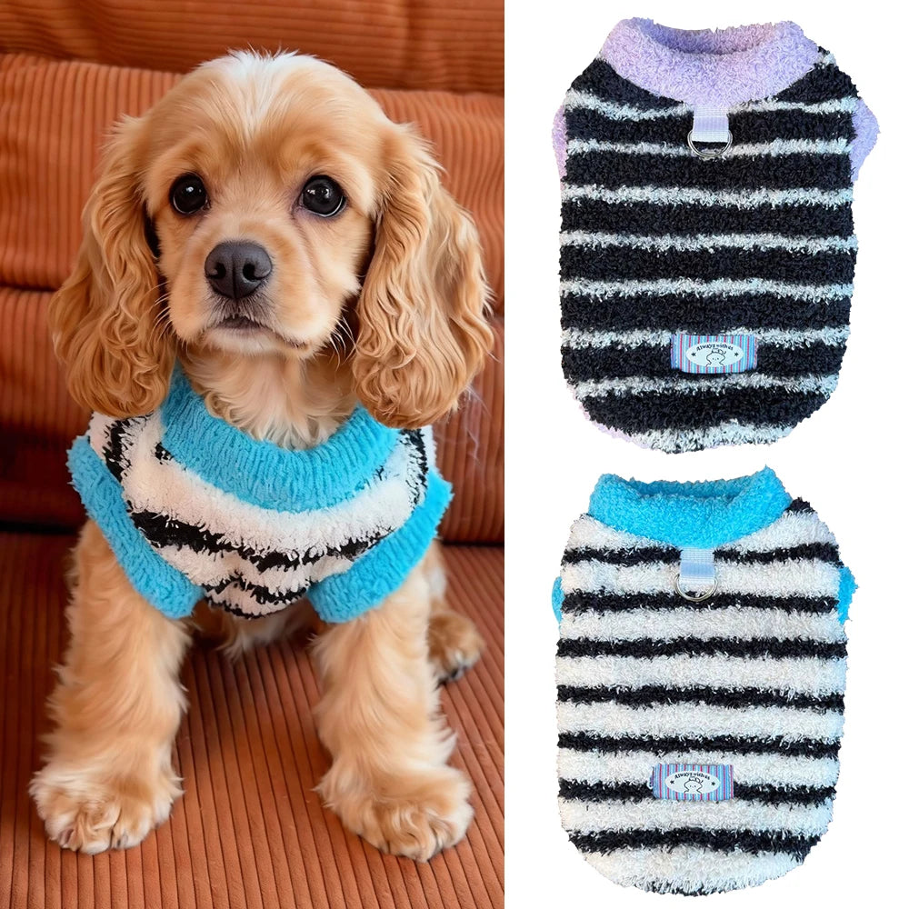 Striped Plush Pet Vest Warm Fleece Dog Cat Sweater Sleeveless Puppy Outfit
