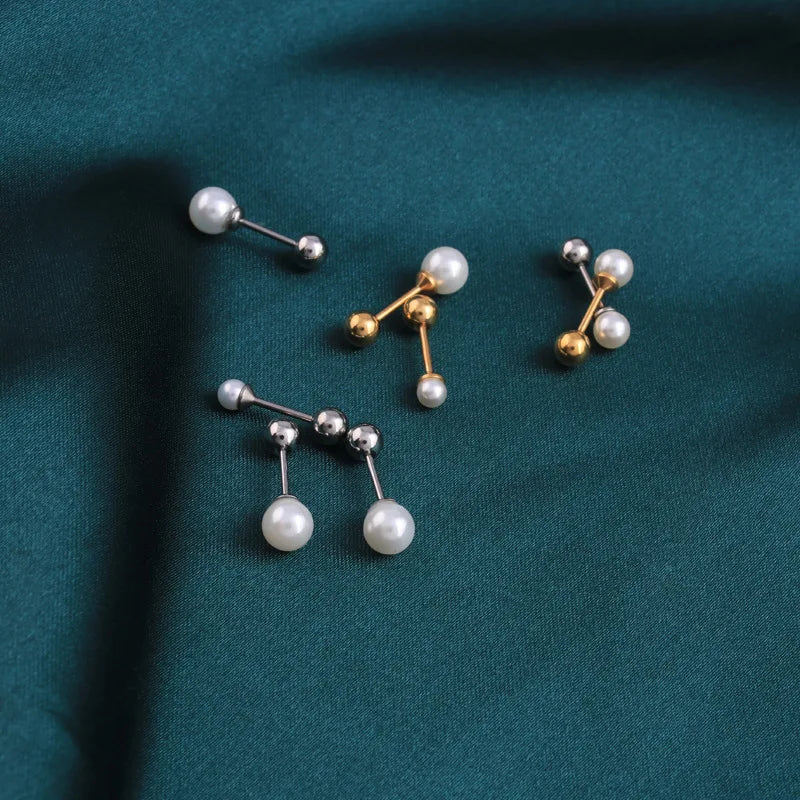 2PCS Stainless Steel Pearl Ear Studs Earrings Women Men 3-5mm