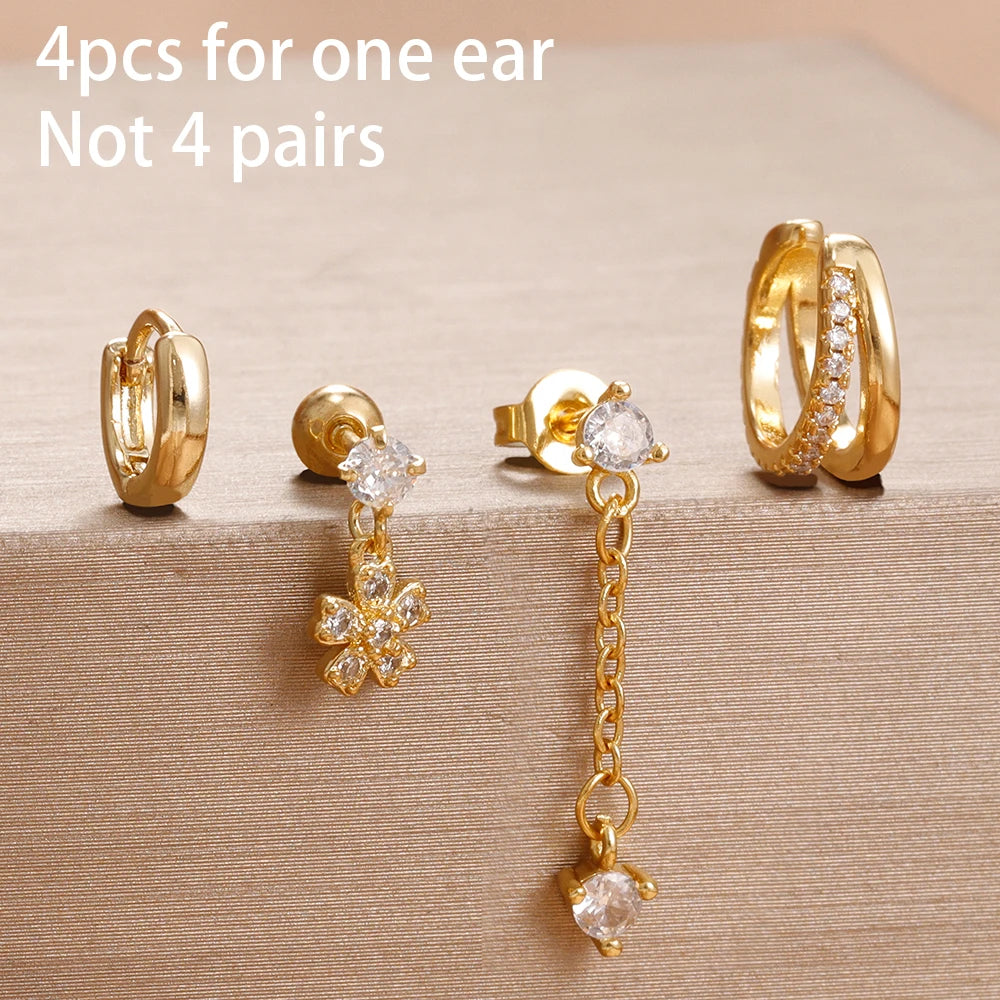 4PCS Star Moon Stainless Steel Zircon Stud Earrings 14K Gold Plated