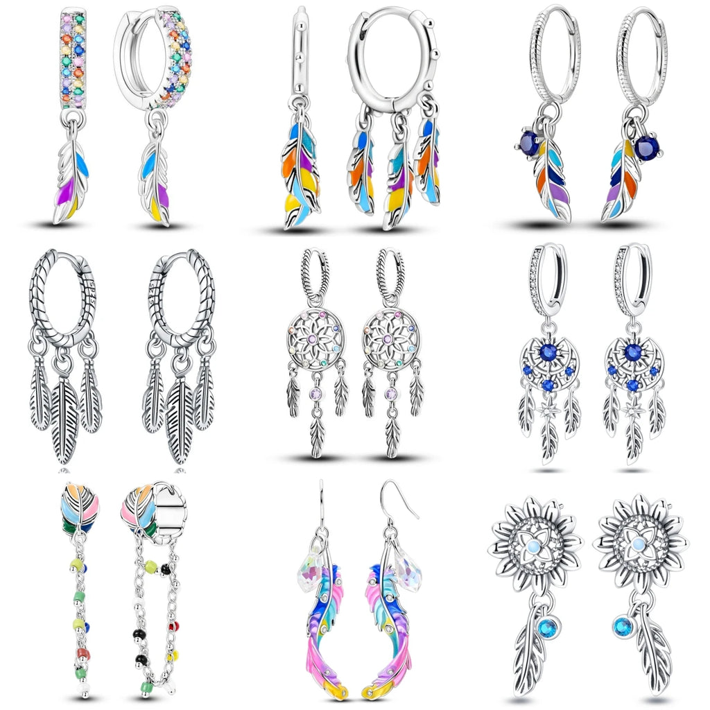 925 Sterling Silver Dreamcatcher Feather Ear Studs Hoop Earrings Jewellery Gift