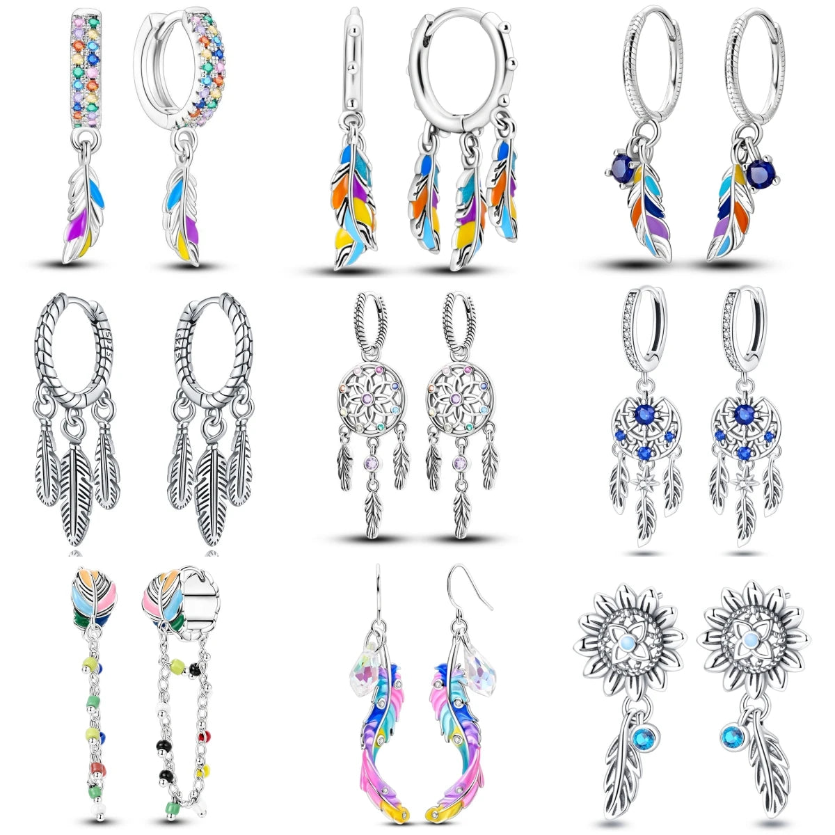 925 Sterling Silver Dreamcatcher Feather Ear Studs Hoop Earrings Jewellery Gift