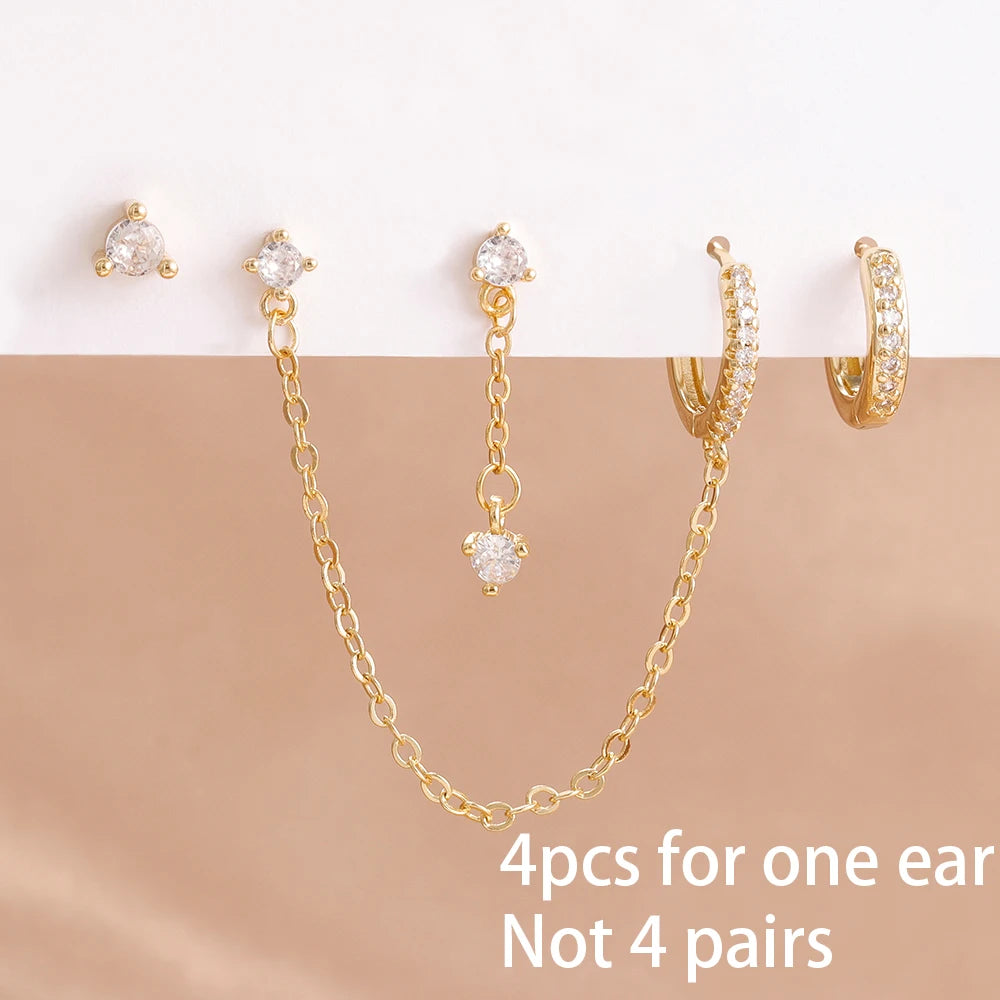 4PCS Women's Earrings Set Stainless Steel Zirconia Moon Star Punk