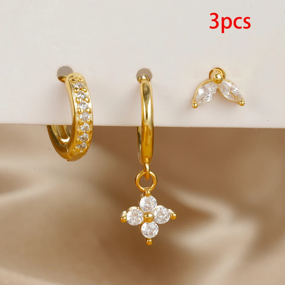 3PCS Exquisite Green Zircon Hanging Earrings Stainless Steel Flower
