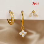 3PCS Exquisite Green Zircon Hanging Earrings Stainless Steel Flower