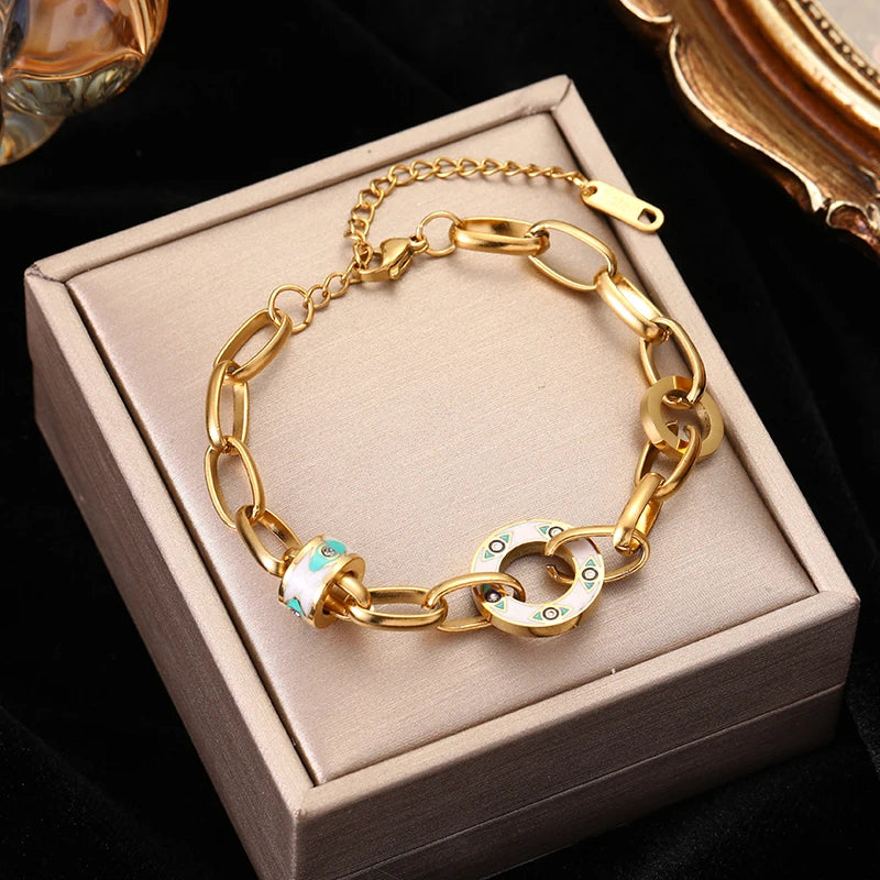 Gold Colour Multilayer Stainless Steel Charm Bracelet Men Women Bangle