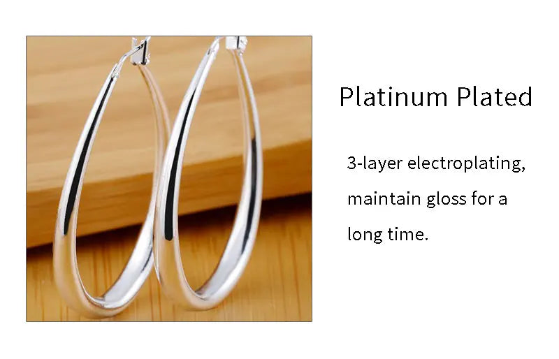 925 Sterling Silver 40mm U-Shaped Hoop Earrings Women Charm Wedding Jewellery