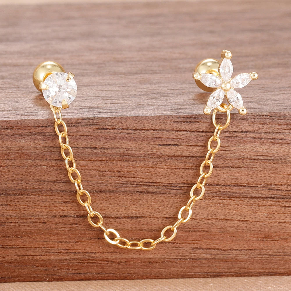 Stainless Steel Gold Colour Chain Dangle Drop Earrings Clip Earring