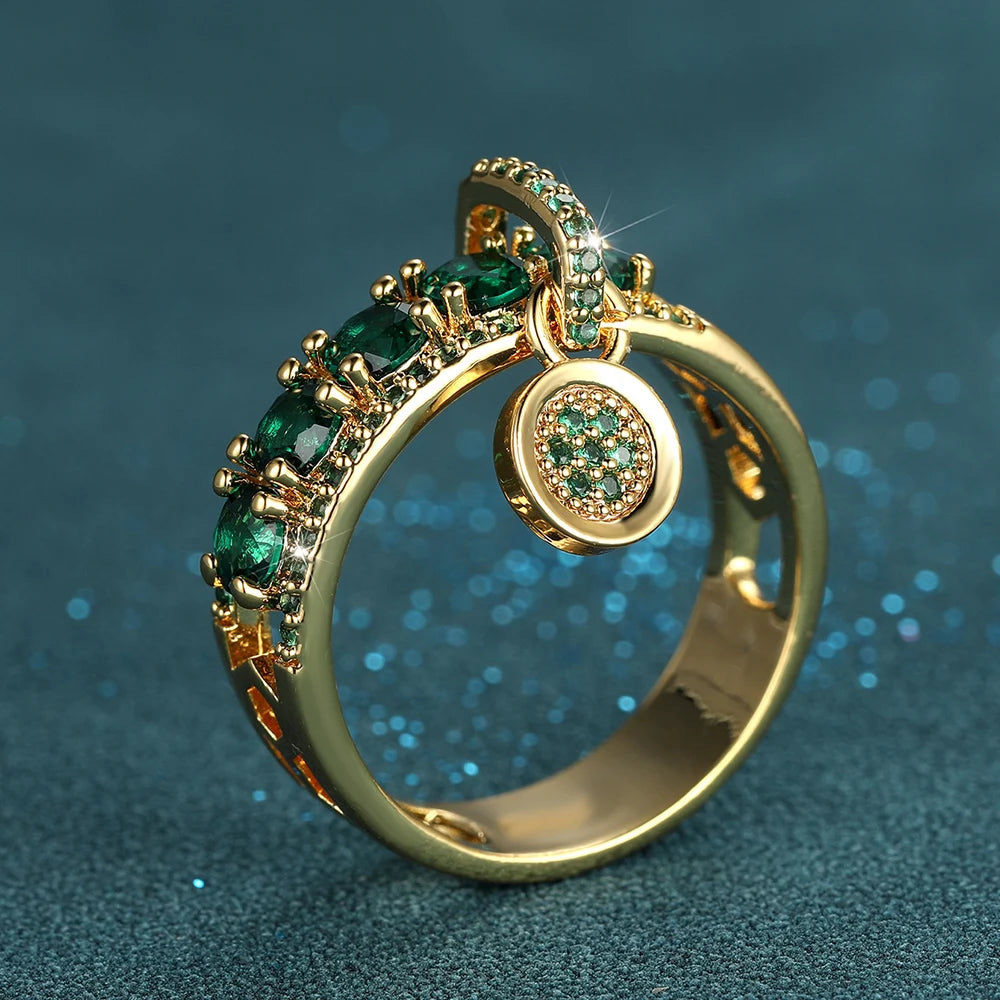 Antique Green Stone Dangle Pendant Ring Gold Color Zircon Round Rings For Women Dainty Wedding Bands Valentine Day Jewelry Gifts