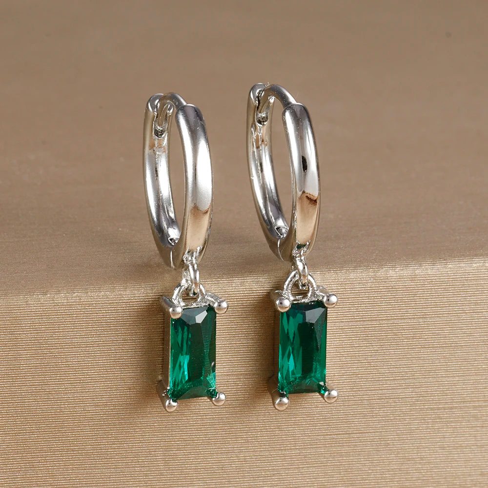 18K Gold Plated Green Zirconia Huggies Hoop Earrings Square Pendant