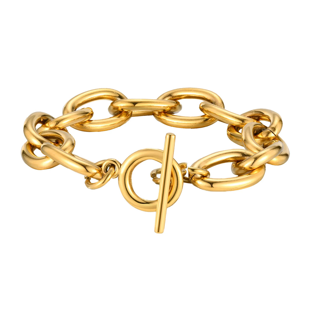 Chunky Bold Toggle Bracelets for Women, Stainless Steel OT Buckle Link Chain Bracelet Gold Plated Tarnish Free