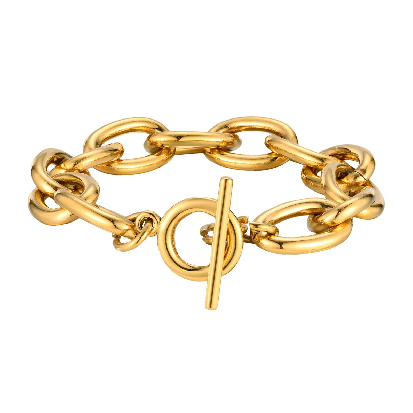 Chunky Bold Toggle Bracelets for Women, Stainless Steel OT Buckle Link Chain Bracelet Gold Plated Tarnish Free