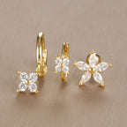 3PCS Vintage Design Four Flower Zircon Hoop Earrings Set Steel