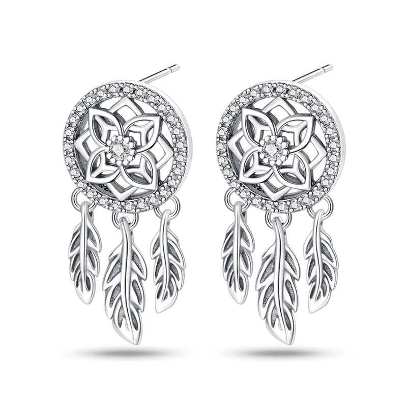 925 Sterling Silver Dreamcatcher Feather Ear Studs Hoop Earrings Jewellery Gift