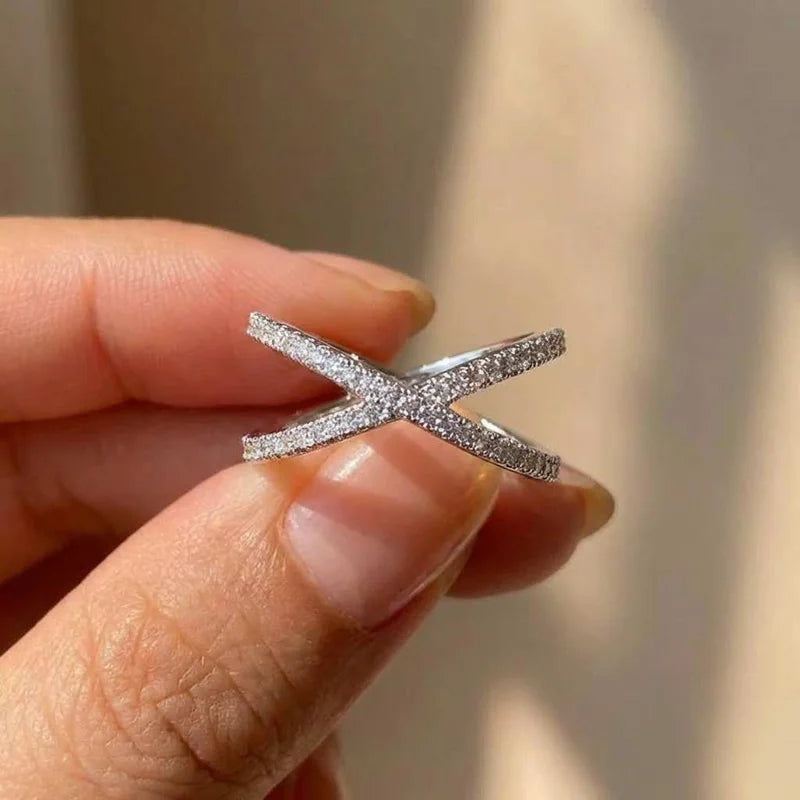 925 Sterling Silver Luxury Cross X Shape Engagement Ring Full Paved CZ Stone Simple Jewellery