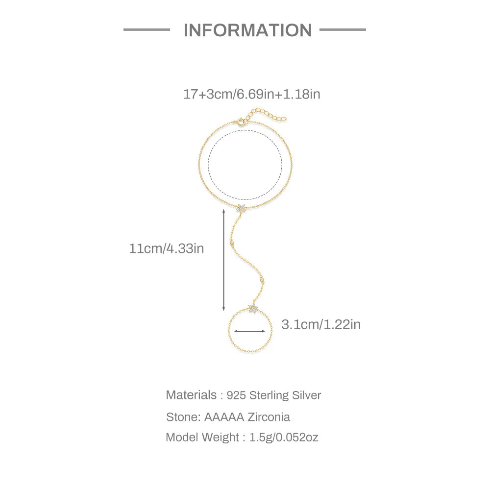 AIDE 100% Plata 925 Sterling Silver Full Zircon Round Bezel Sparking Diamond Hand Chain Bracelet For Women Rings Pulseras Jewel