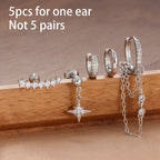 5PCS Crystal Zirconia Stainless Steel Hoop Earrings Star Chain