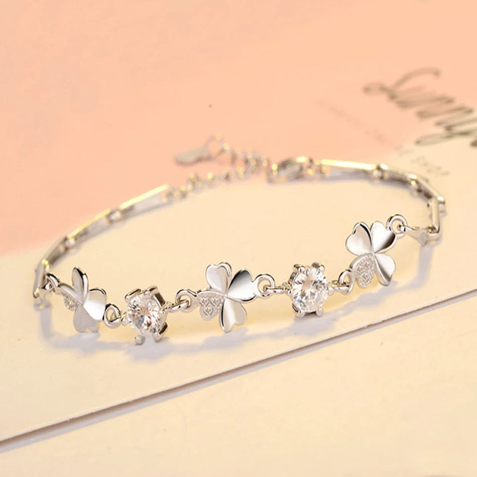 Zircon Lucky Clover Bracelet 925 Sterling Silver Crystals Wedding Jewellery