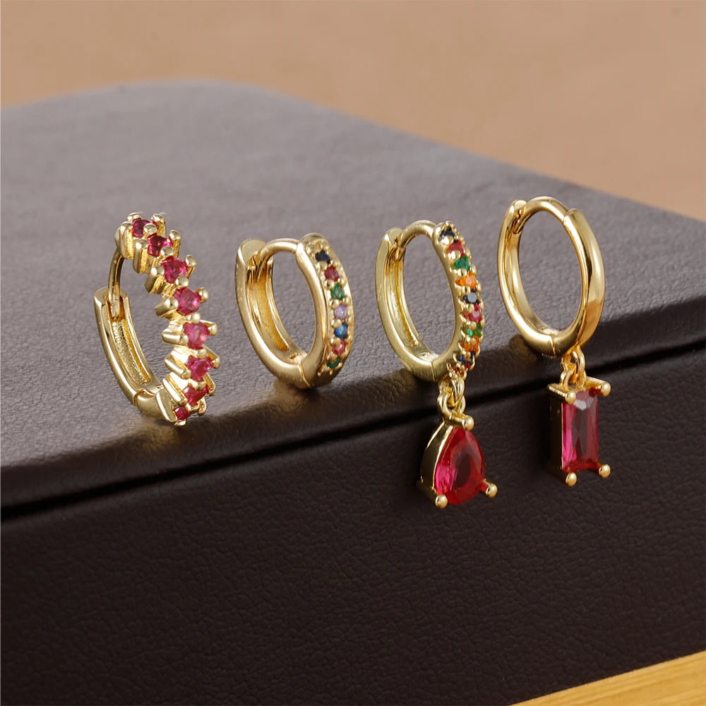 4pcs Korean Stainless Steel Zircon Water Drop Piercing Earrings Set