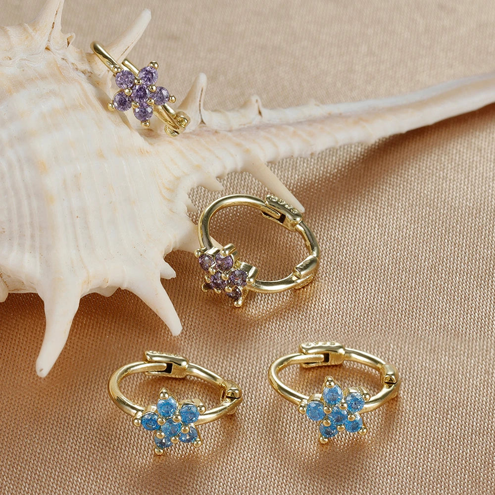 2PCS Huggies Hoop Earrings Stainless Steel Crystal Zirconia Flower