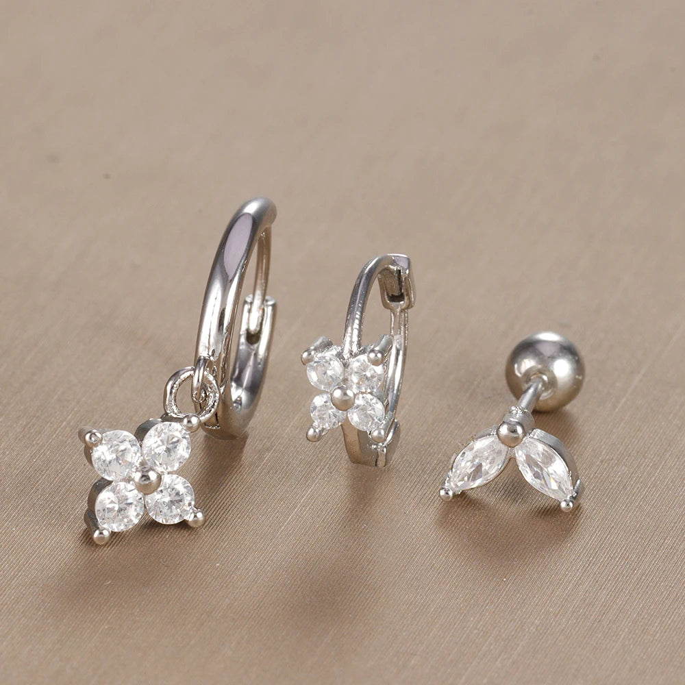 3PCS Vintage Design Four Flower Zircon Hoop Earrings Set Steel