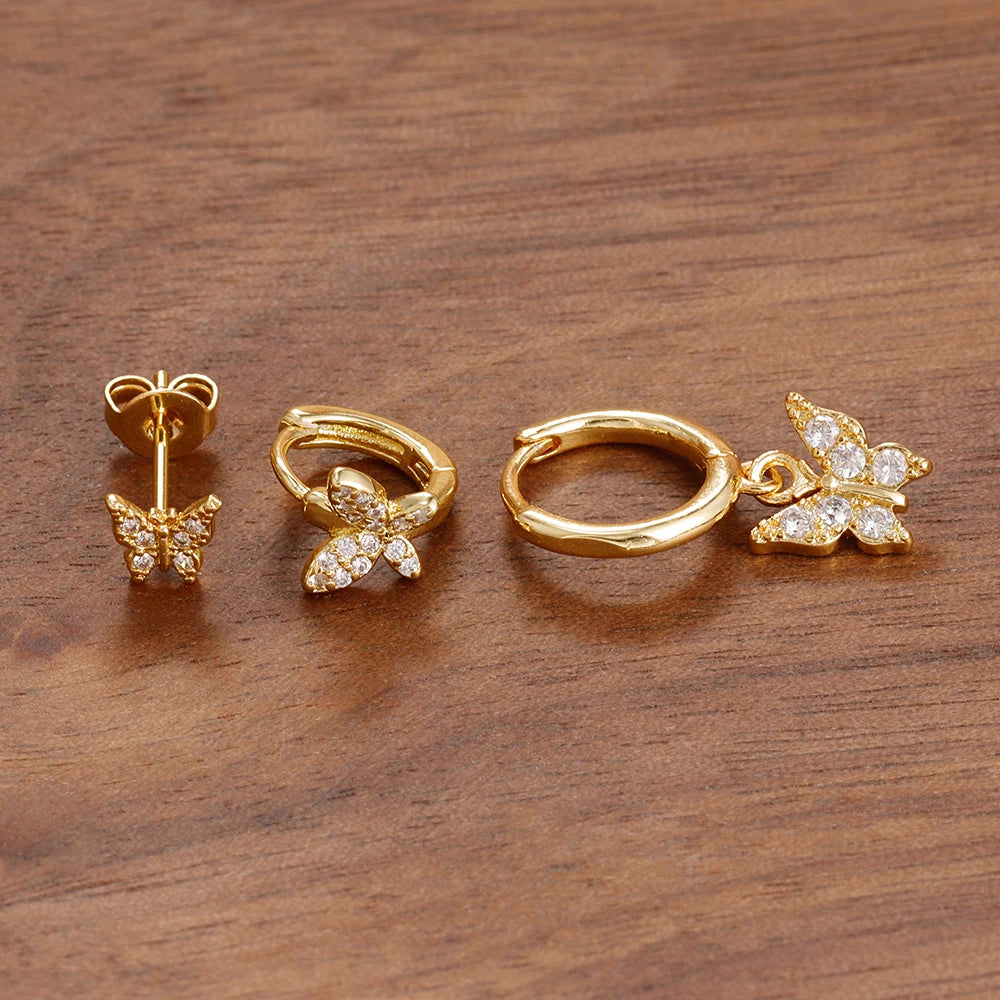 3PCS Elegant Butterfly CZ Charms Hoop Earrings Stainless Steel