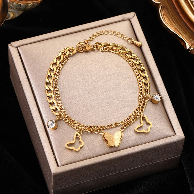 Reversible Heart Stainless Steel Charm Bracelet 18K Gold Plated Waterproof