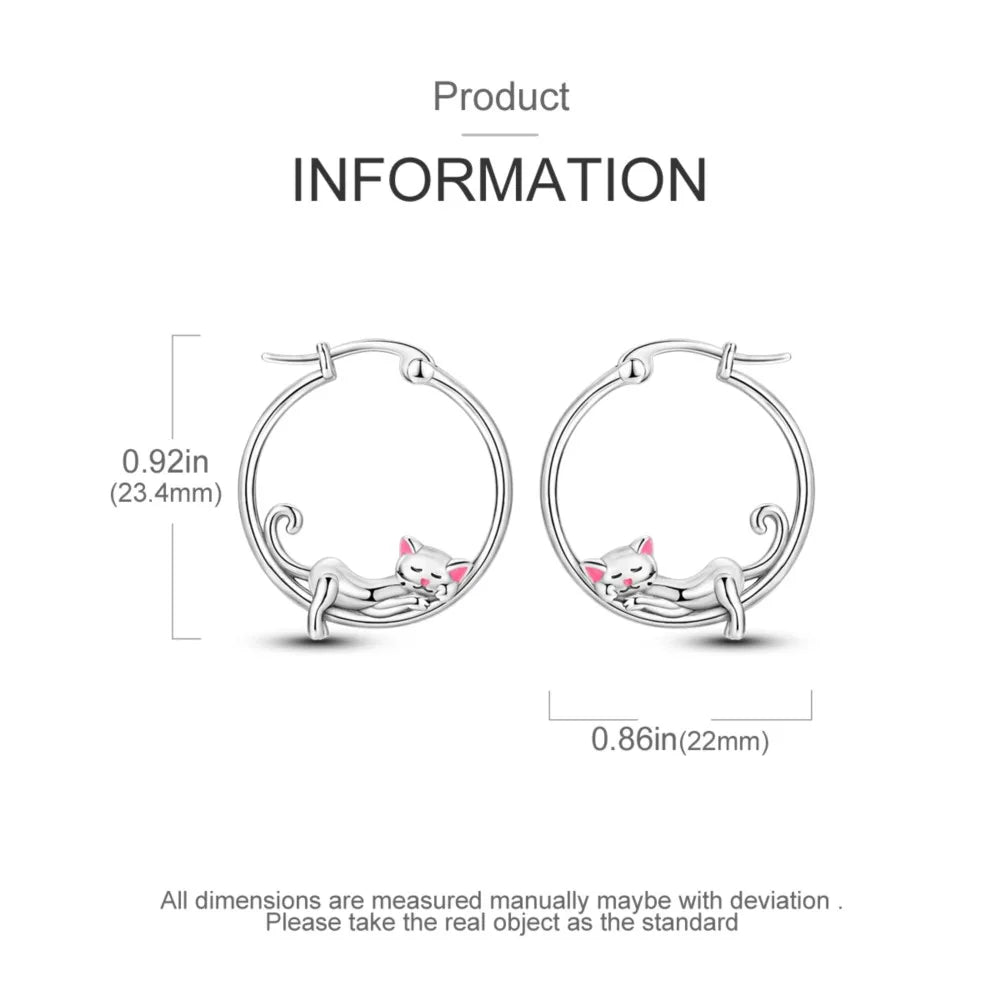 925 Sterling Silver Cute Lazy Cat Animal Pet Hoop Earrings Birthday Gift