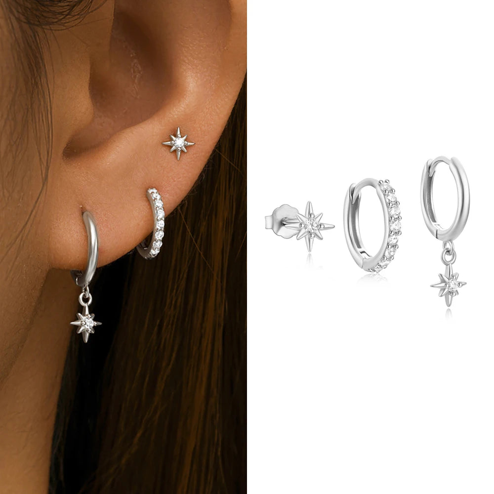 3PCS Gold Colour Star Earrings Set Zircon Pendant Stainless Steel