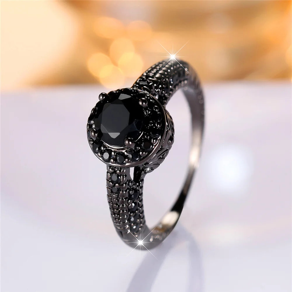 Trendy Cute Female Black Round Zircon Stone Ring Vintage Fashion Black Gold Color Wedding Jewelry For Women