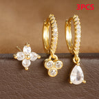 3PCS Vintage Stainless Steel Flowers Huggies Hoop Earrings Zircon