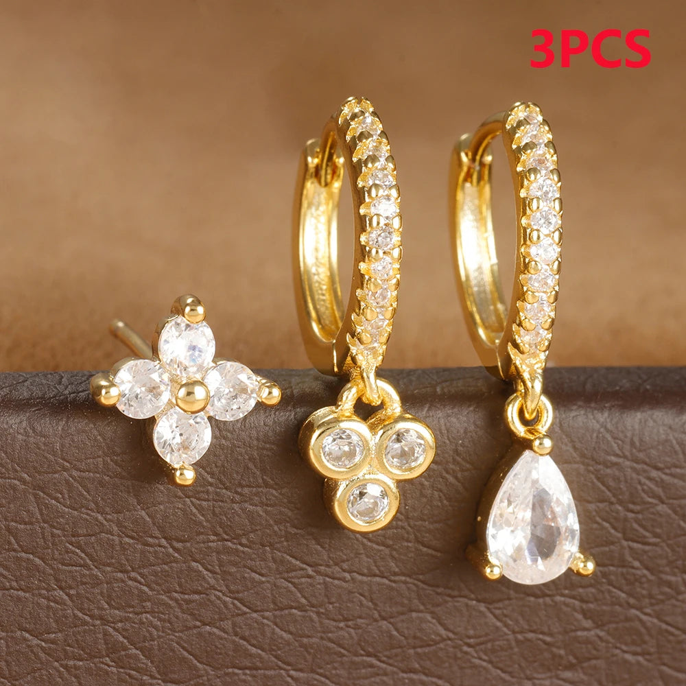 3PCS Vintage Stainless Steel Flowers Huggies Hoop Earrings Zircon