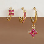 3PCS Fashion Orange Blue Zircon Hanging Earrings Stainless Steel Flower