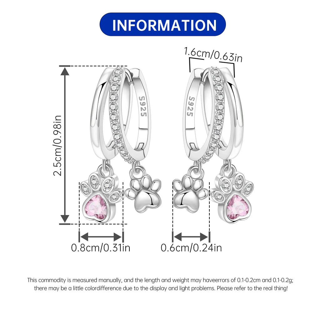 925 Sterling Silver Double Layer Pet Paw Print Drop Earrings Fashion Gift