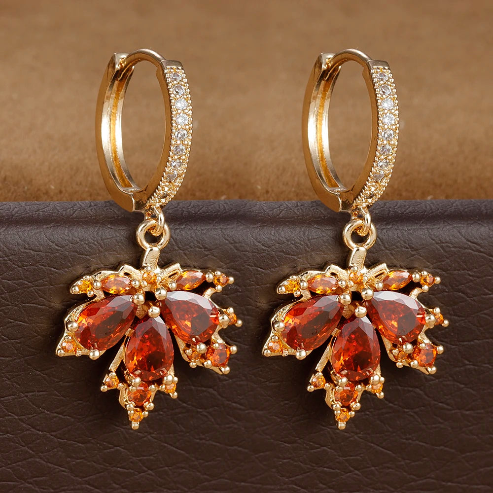 2pcs Vintage Crystal Zircon Maple Leaf Earrings Women Hoop Piercing