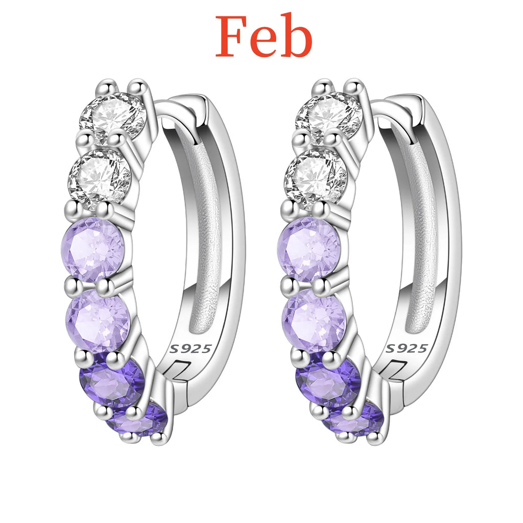 925 Sterling Silver Lucky Month Birthday Stone Hoop Earrings Trendy Jewellery