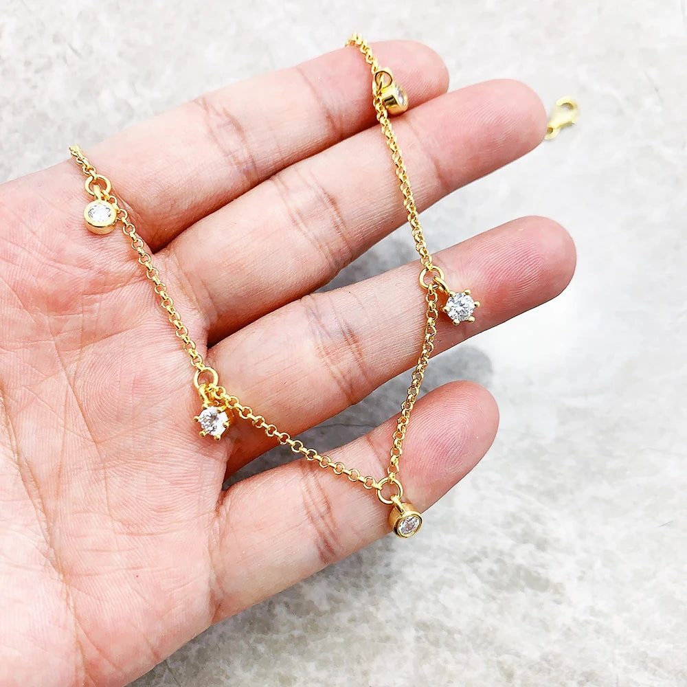 Gold Link Chain Necklace White Stones 925 Sterling Silver Trendy Jewellery
