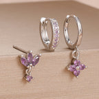 3PCS Fashion Orange Blue Zircon Hanging Earrings Stainless Steel Flower
