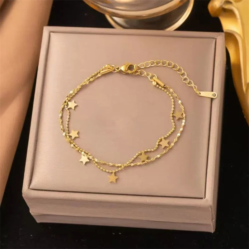 Flower Butterfly Heart Stainless Steel Charm Bracelet Gold Colour
