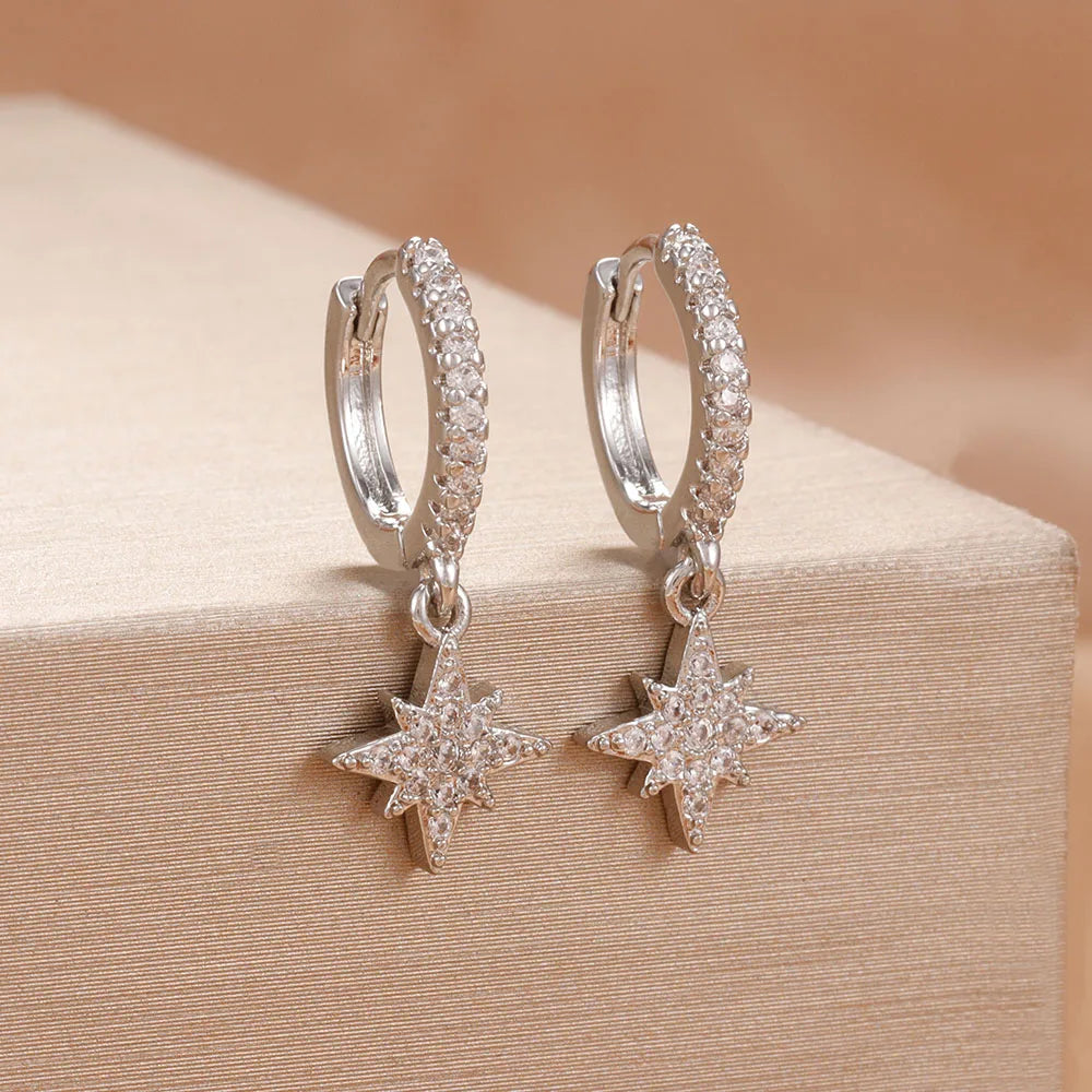 New Star Zircon Stainless Steel Pendant Hoop Earrings 18K Gold