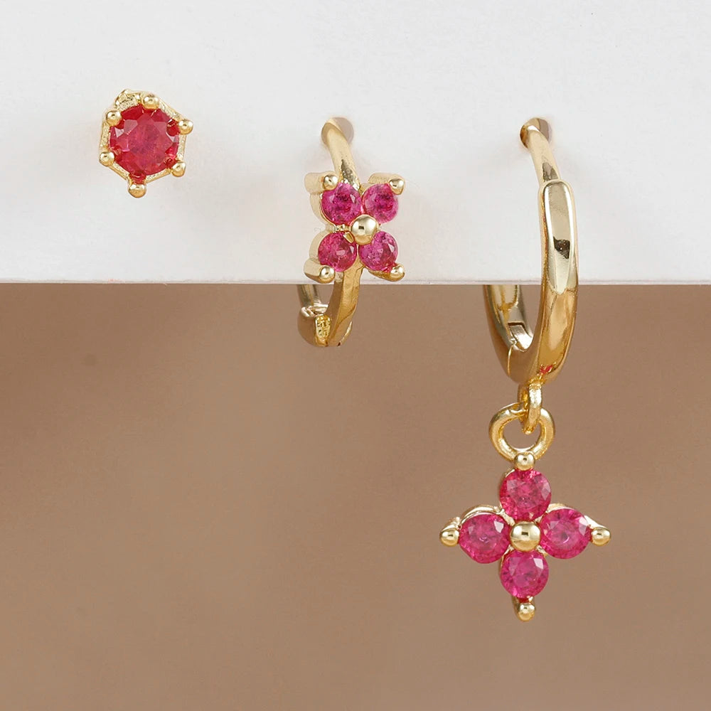 3PCS Stainless Steel Rose Red Zircon Flower Dangle Earring 18K Gold