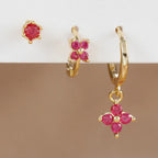 3PCS Stainless Steel Rose Red Zircon Flower Dangle Earring 18K Gold