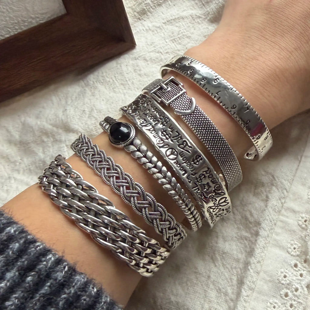 100% Solid 925 Sterling Silver Metal Bracelet for Women Men Vintage Black Stone Letters Handmade Simple Birthday Gift