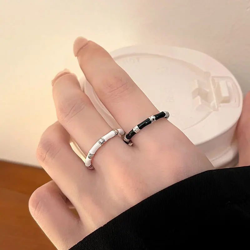 925 Sterling Silver Luxury Jewellery Black White Bamboo Adjustable Ring Couple Accessory