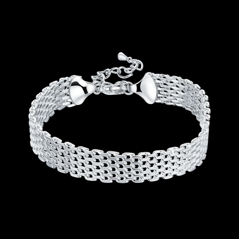 Square Solid Chain Bracelet 925 Sterling Silver Men Women Party Fashion Gift