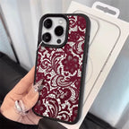 Red Lace Design Lychee Case for iPhone 17 16 15 14 13 12 Pro Max
