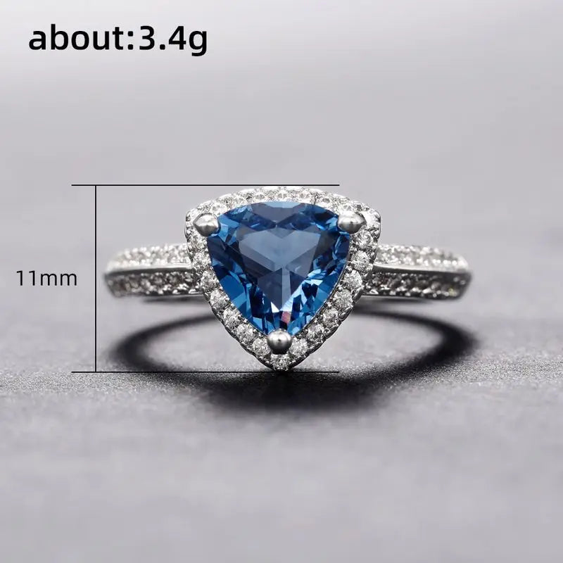 925 Sterling Silver Luxury Dark Blue Zircon Triangle Ring Fashion Classic Engagement Anniversary Gift